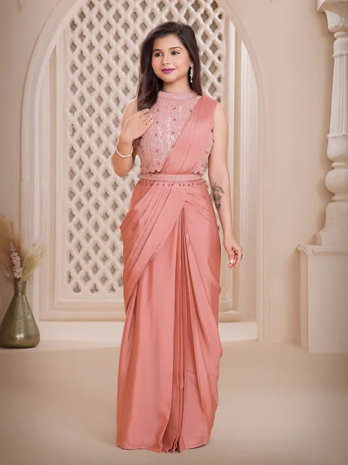 Peach chiffon belted designer drape choli saree