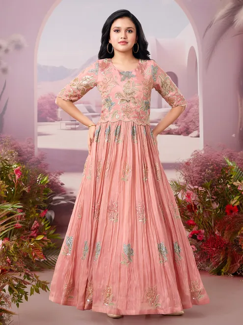 Peach chiffon embroidered gown for girls