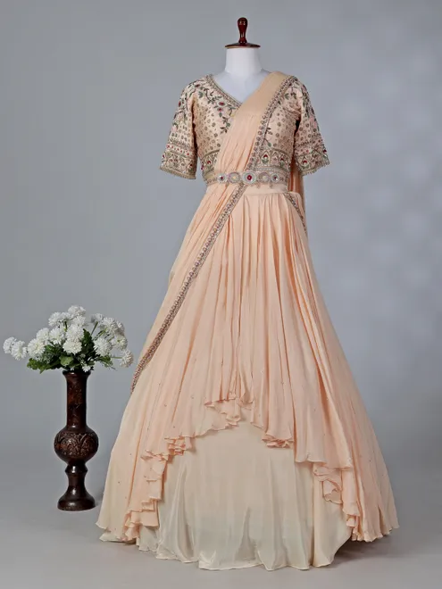 Peach chiffon silk V neck designer lehenga choli