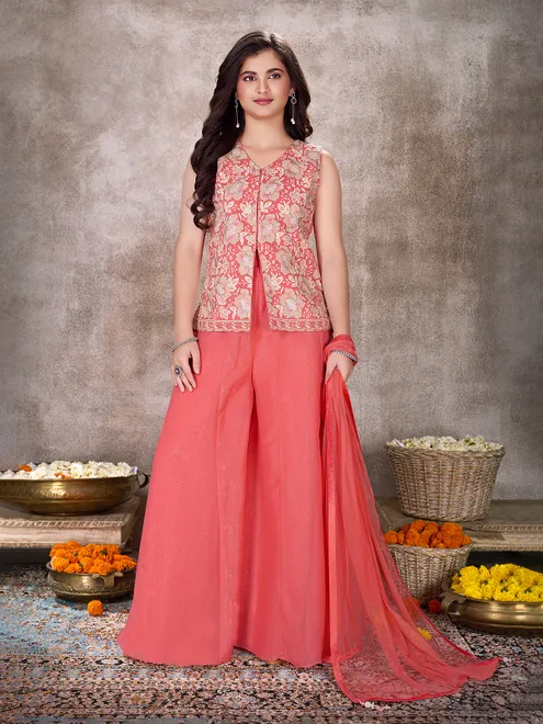 Peach chiffon wedding wear palazzo suit