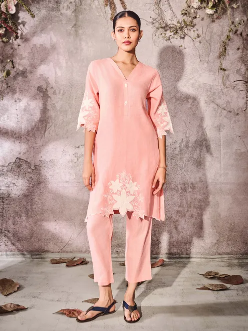 Peach cotton kurti set for casual wear