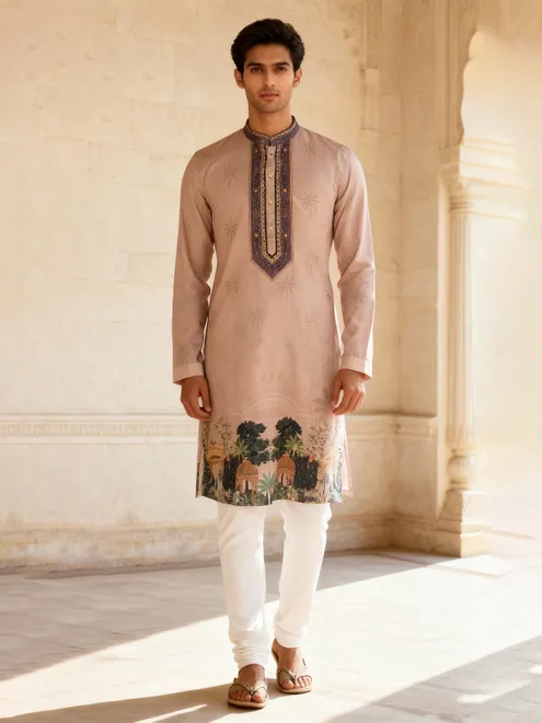 Peach cotton silk daman printed festive kurta suit