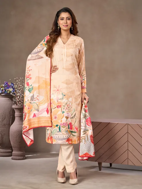 Peach cotton silk salwar suit with thread weaving