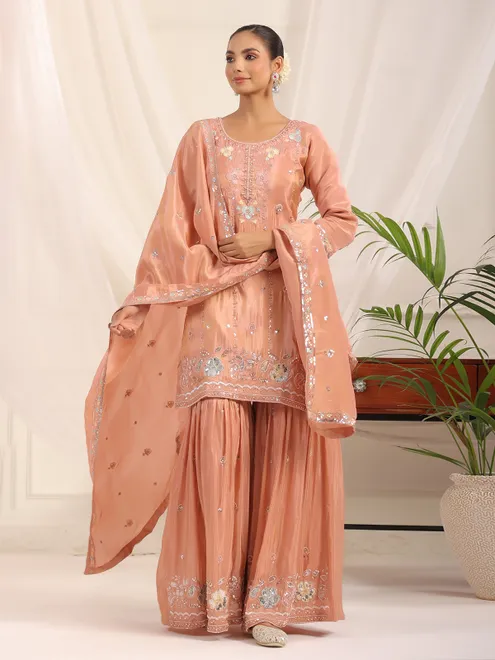 Peach crepe silk pakistani festive sharara kurti set