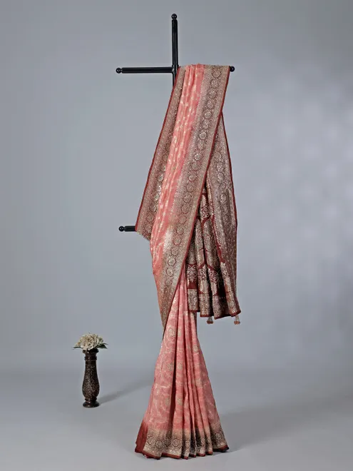 Peach dola silk saree with zardosi work