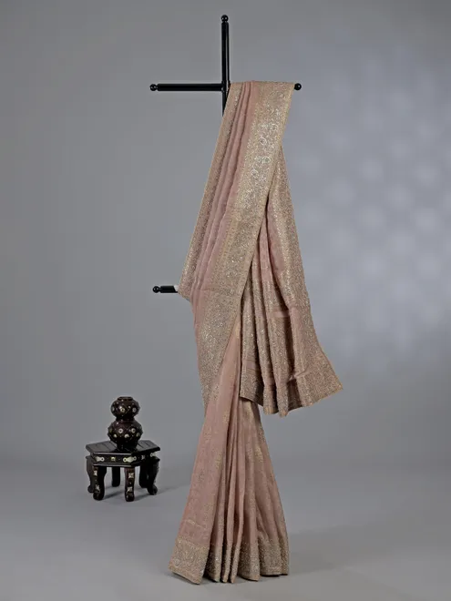 Peach dola silk unstitched saree with zardosi work
