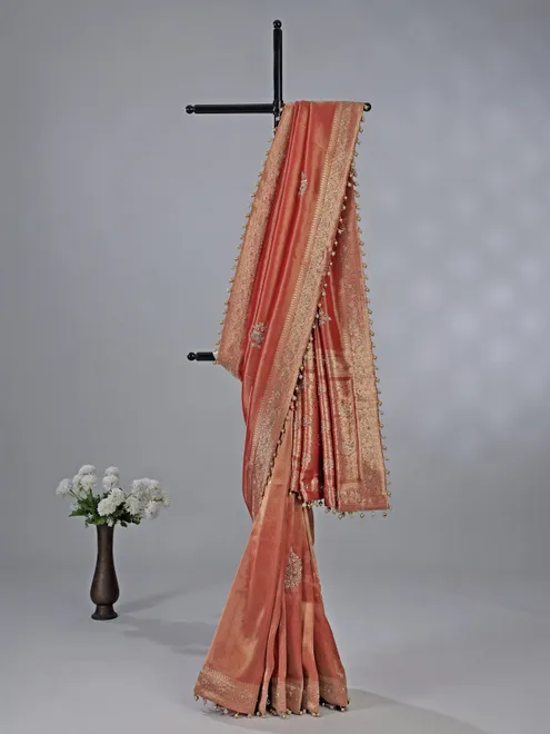 Peach dola tissue silk saree with zardosi work