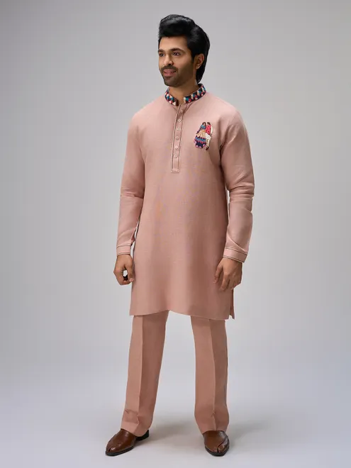 Peach embroidered scene linen kurta pajama