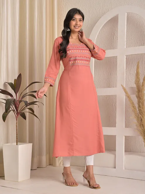 Peach embroidered yoke style cotton silk kurti