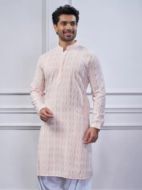 Peach embroidery cotton kurta suit for festive