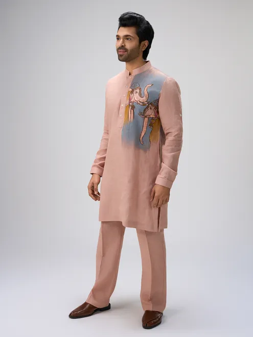 Peach ethnic painted linen kurta pajama