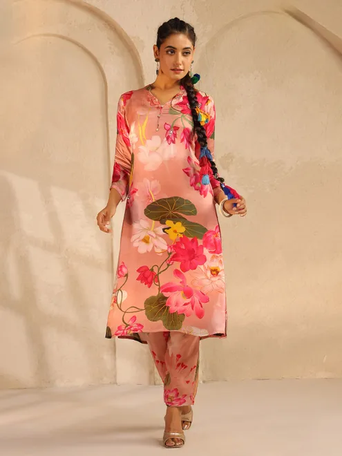 Peach festive wear silk kurti for women