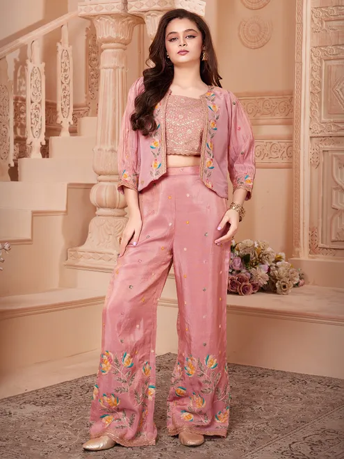 Peach festive wear silk palazzo suit for girls