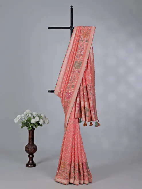 Peach gaji silk wedding wear saree