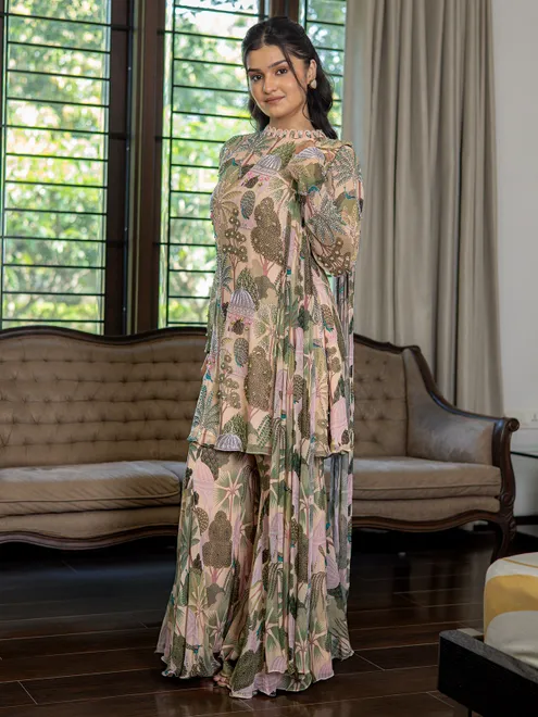 Peach georgette ruffle palazzo suit with embroidery