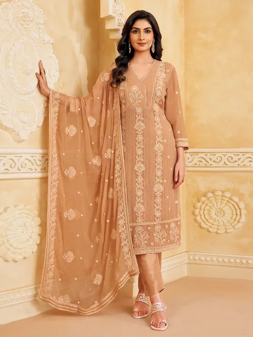 Peach georgette salwar suit with thread detailing