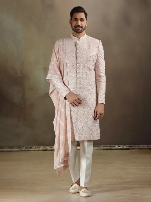 Peach georgette sherwani with dupatta and wedding wear