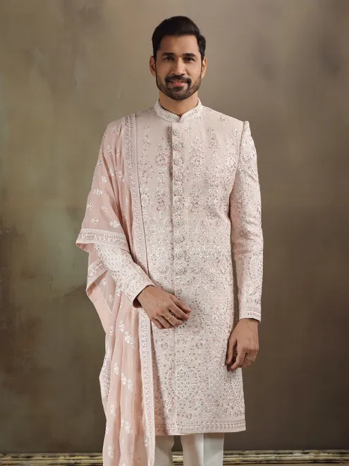 Peach georgette sherwani with dupatta and wedding wear