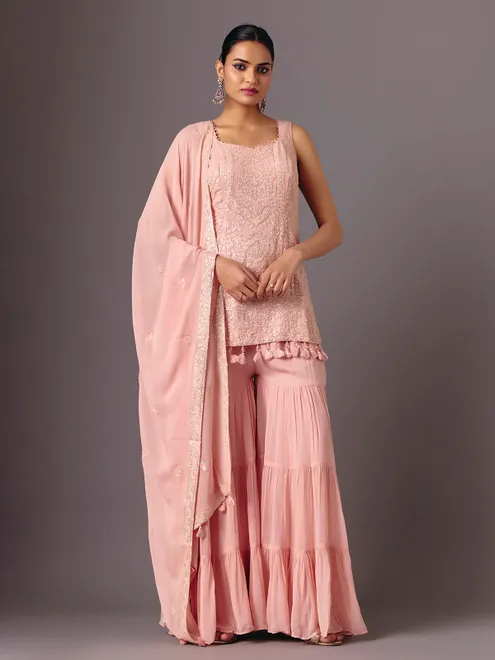 Peach georgette silk sleeveless festive sharara suit