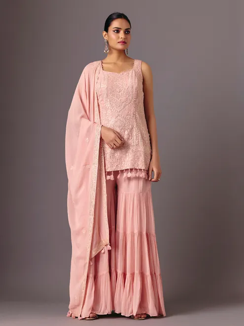 Peach georgette silk sleeveless festive sharara suit