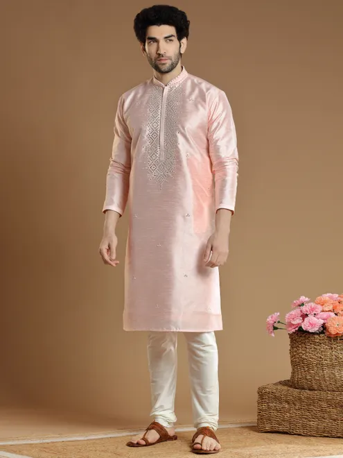 Peach hued cotton silk Kurta Set for Men
