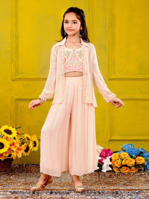 Peach jacket style georgette palazzo ensemble