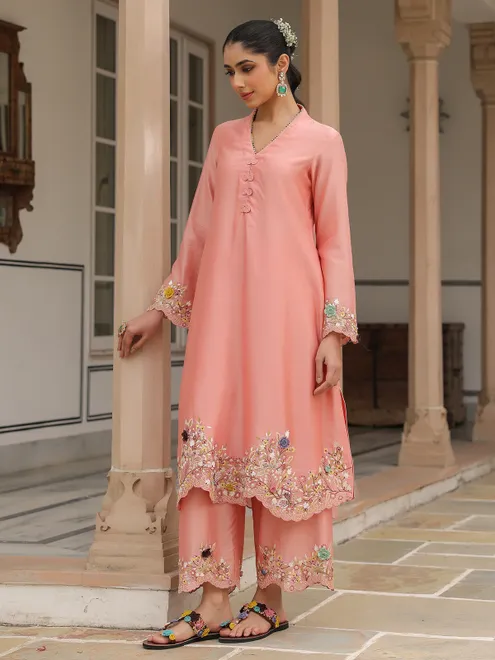 Peach kurti set for women in chanderi silk