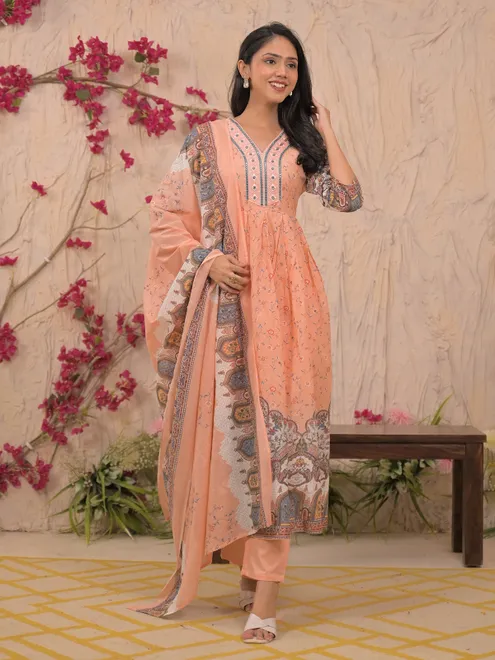 Peach mulmul cotton printed kurti set for festive