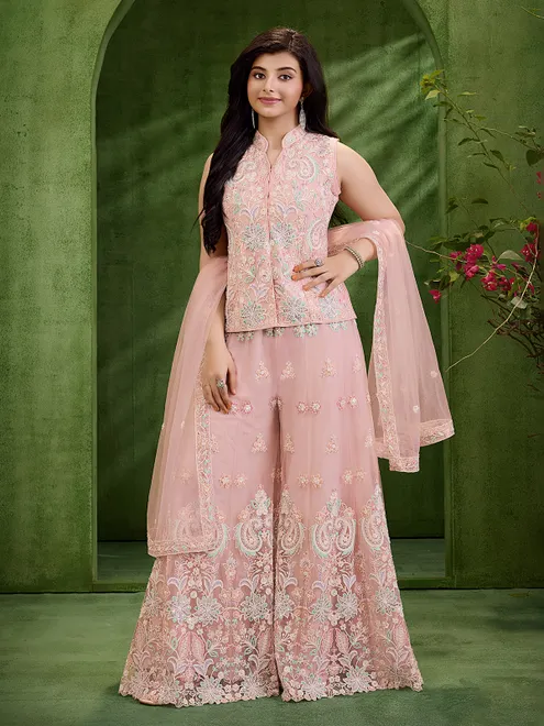 Peach net sleeveless palazzo suit with dupatta