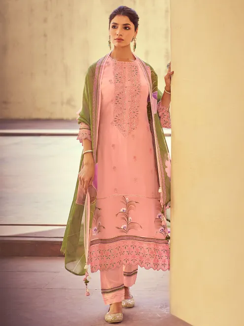 Peach organza salwars suit with cutwork