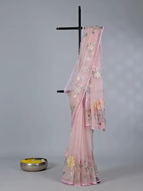 Peach organza saree with embroidered delight