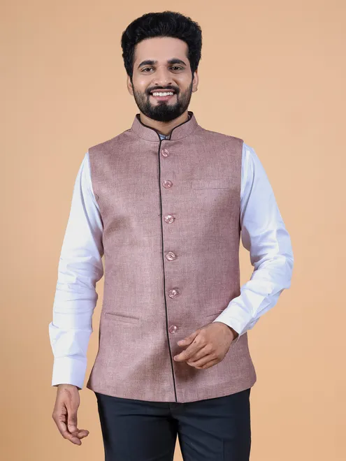 Peach plain jute silk Nehru Jacket for men