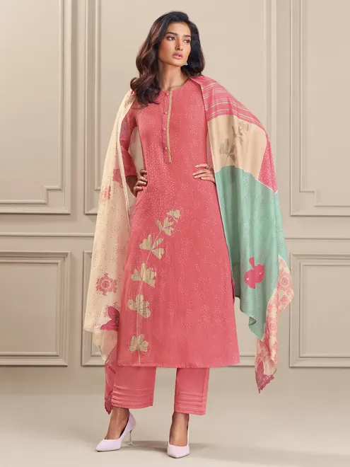 Peach printed linen cotton salwar suit