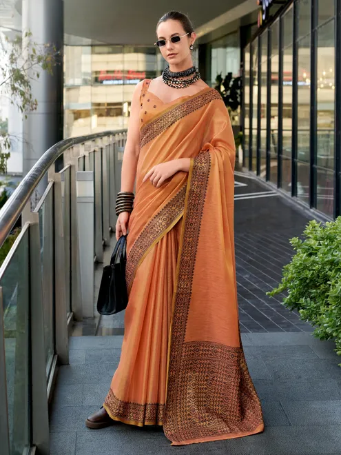 Peach printed linen tissue silk saree
