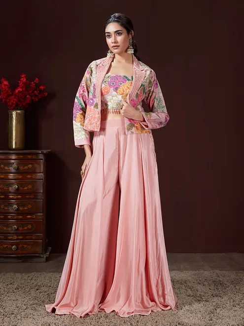 Peach printed satin silk palazzo suit with jacket