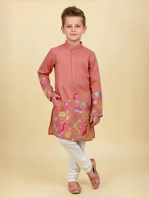 Peach printed silk blend kurta churidar suit