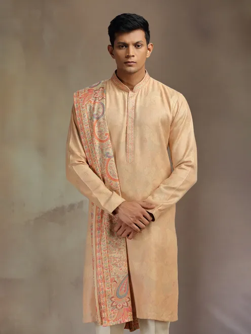 Peach printed pashmina silk kurta pajama with dupatta