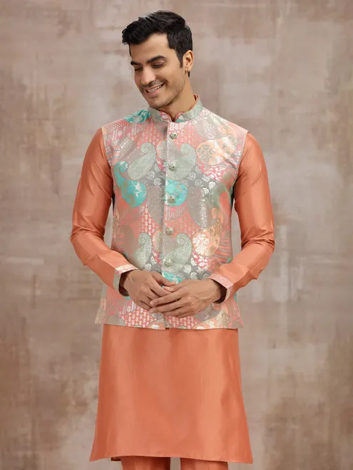 Peach printed silk waistcoat set for festival wear