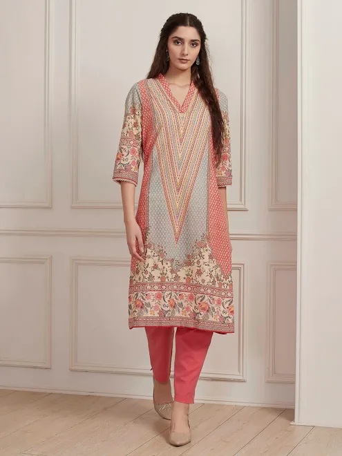Peach printed straight cut kurti with thread work