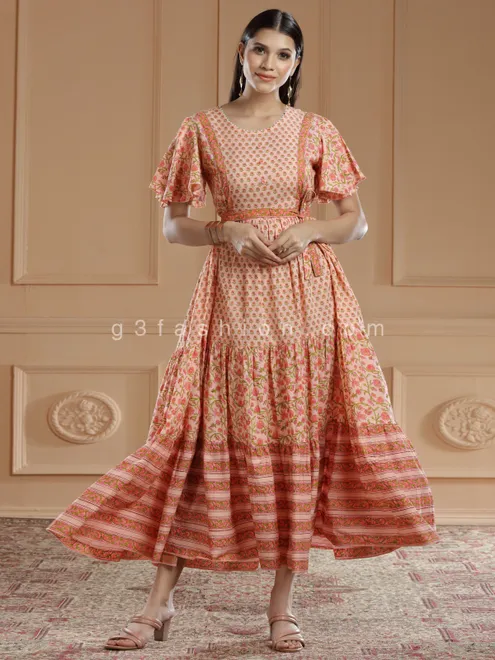 Peach printed style festive cotton silk kurti