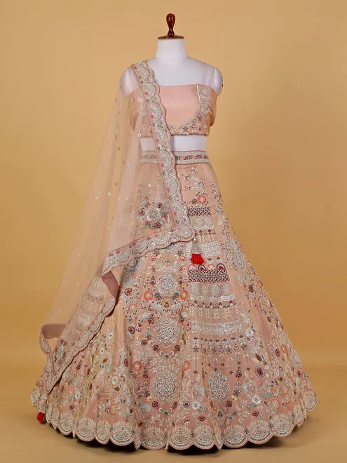 Peach raw silk embroidery unstitched lehenga choli