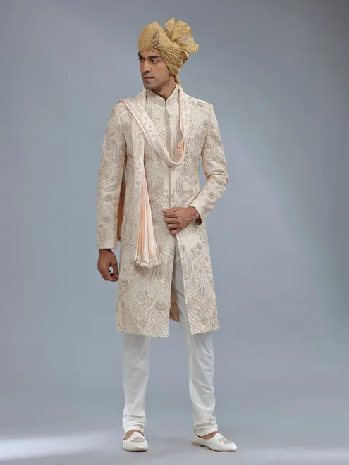 Peach raw silk groom style sherwani for men