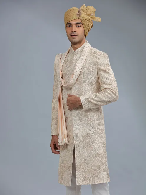 Peach raw silk groom style sherwani for men
