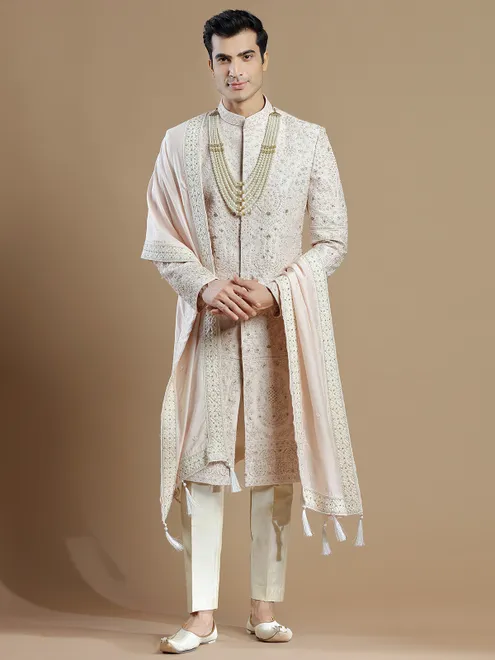 Peach raw silk groom wear sherwani for men
