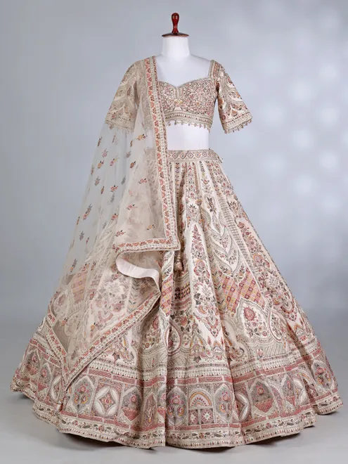 Peach raw silk sweetheart lehenga choli ensemble
