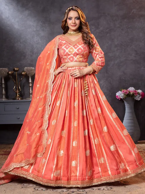 Peach resham tissue silk wedding wear lehenga choli