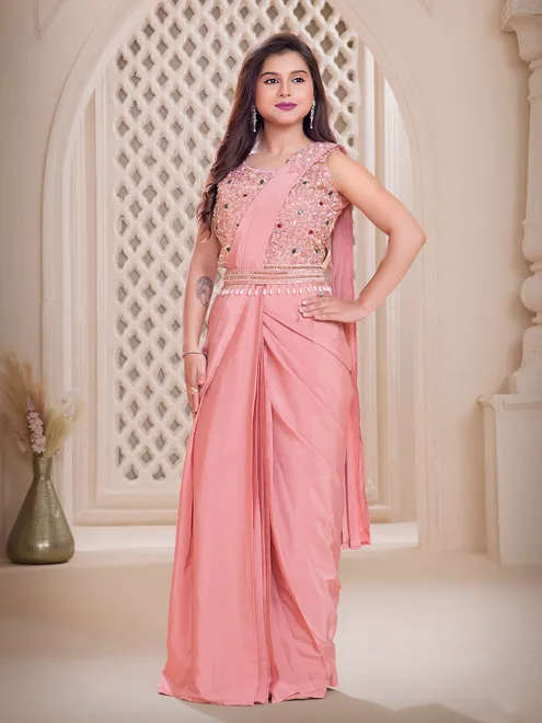 Peach satin silk designer drape choli saree for wedding