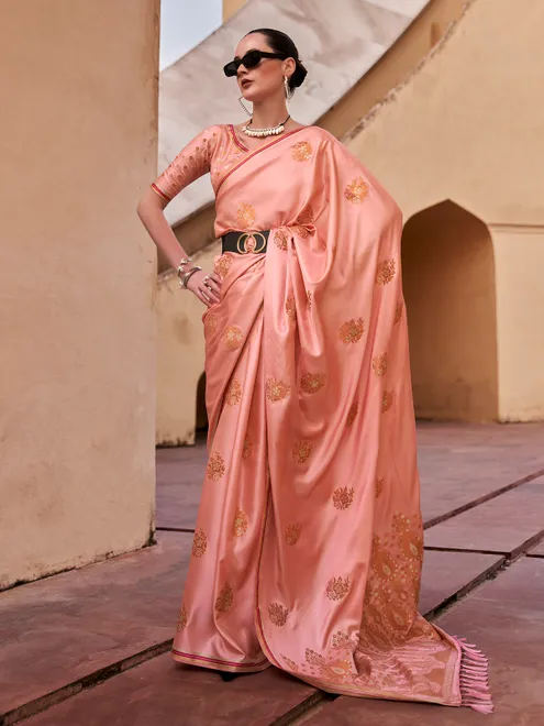Peach satin silk saree for festivities