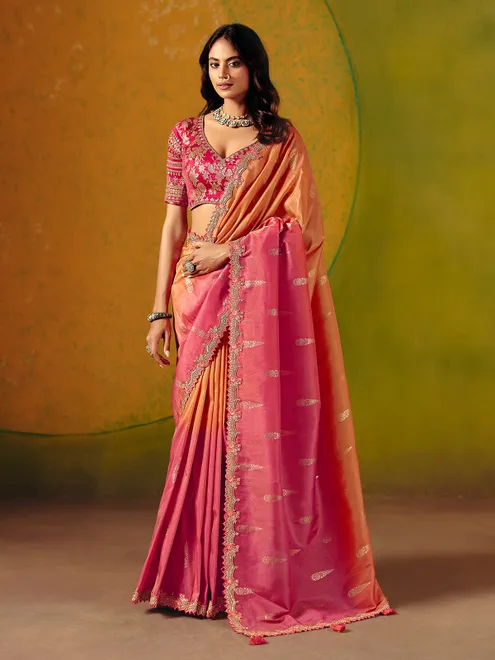 Peach shaded zari silk saree for celebrations