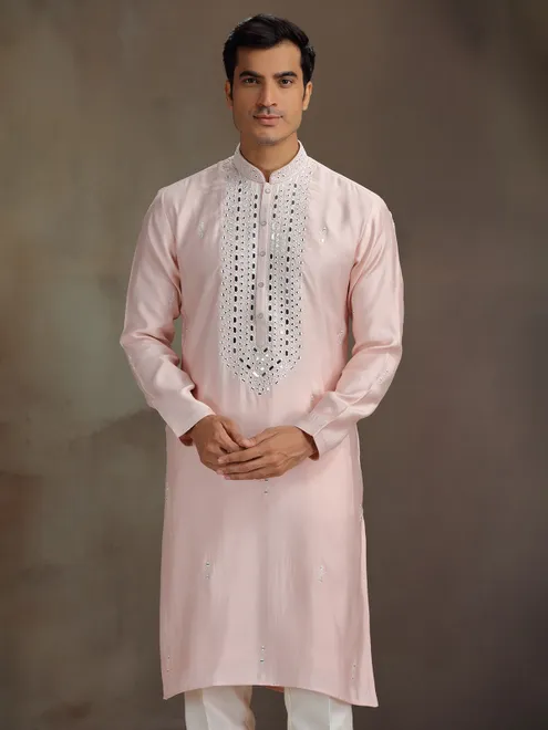 Peach silk mirror work kurta suit for men